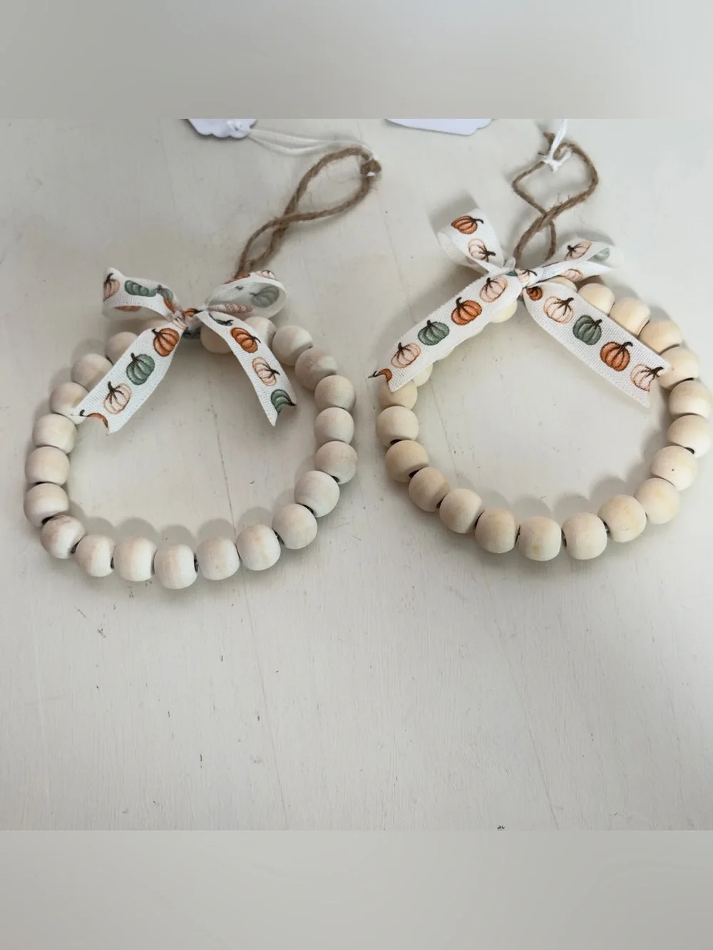 2 Handmade Wood Beaded Ornaments With Pumpkin Print Bow